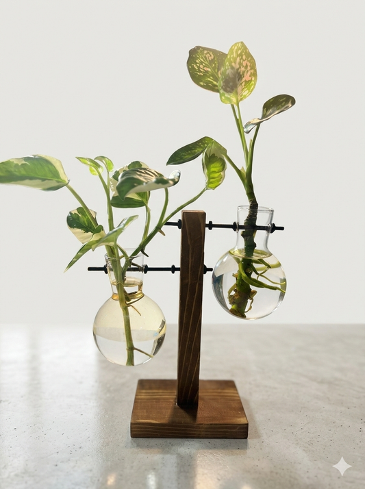Premium Hydroponic Wooden Plant Stand 2 Glass Bulb Vases