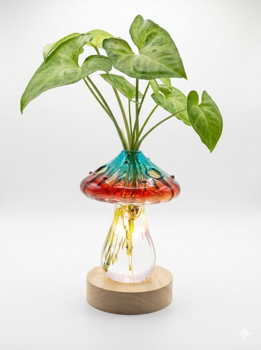 Premium Hydroponic Mushroom Glass Vase Set with Live Plant & Lamp